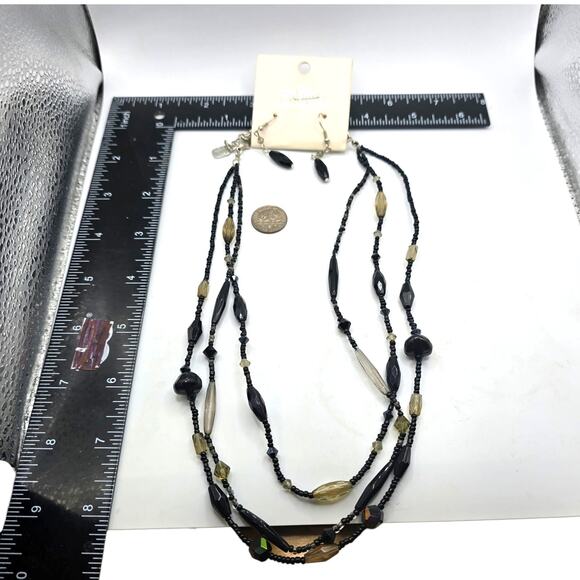 Vintage Necklace Set DaVinci Three Strand Black Seed Beads Dangle Earrings - Picture 3 of 5